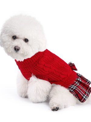 Dog Sweater Dress with Plaid Bowtie